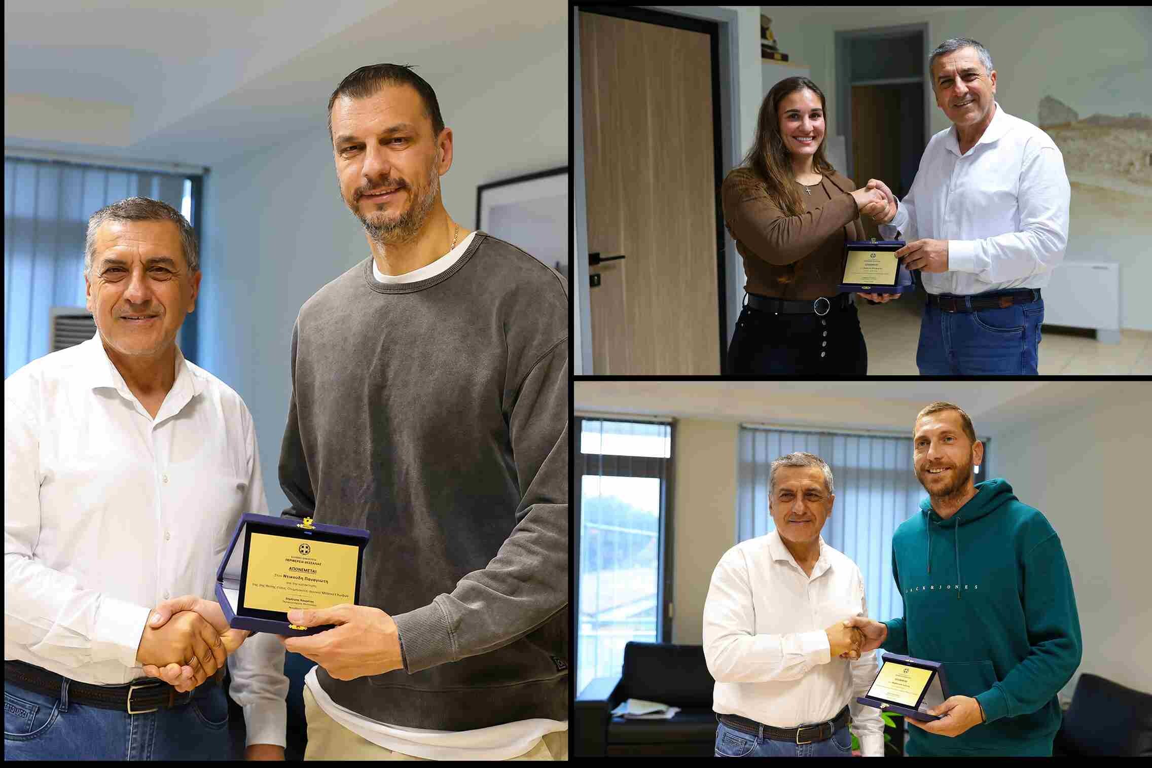 O Περιφερειάρχης Δημ. Κουρέτας συνεχάρη αθλητές  για τις διεθνείς διακρίσεις τους  Παν. Ντικούδη και Γ. Βαβάτσικο (Εθνική ομάδα Κωφών)  -Στεφανία Ζαχείλα (πάλη στην άμμο)