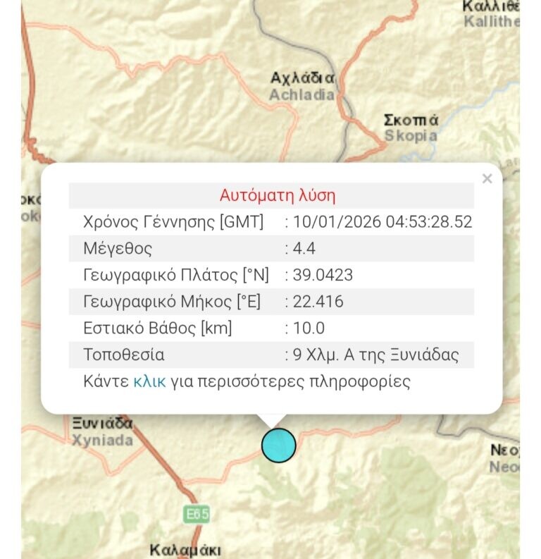 Σεισμός 4,4 Ρίχτερ έξω από την Ξυνιάδα κούνησε την Καρδίτσα