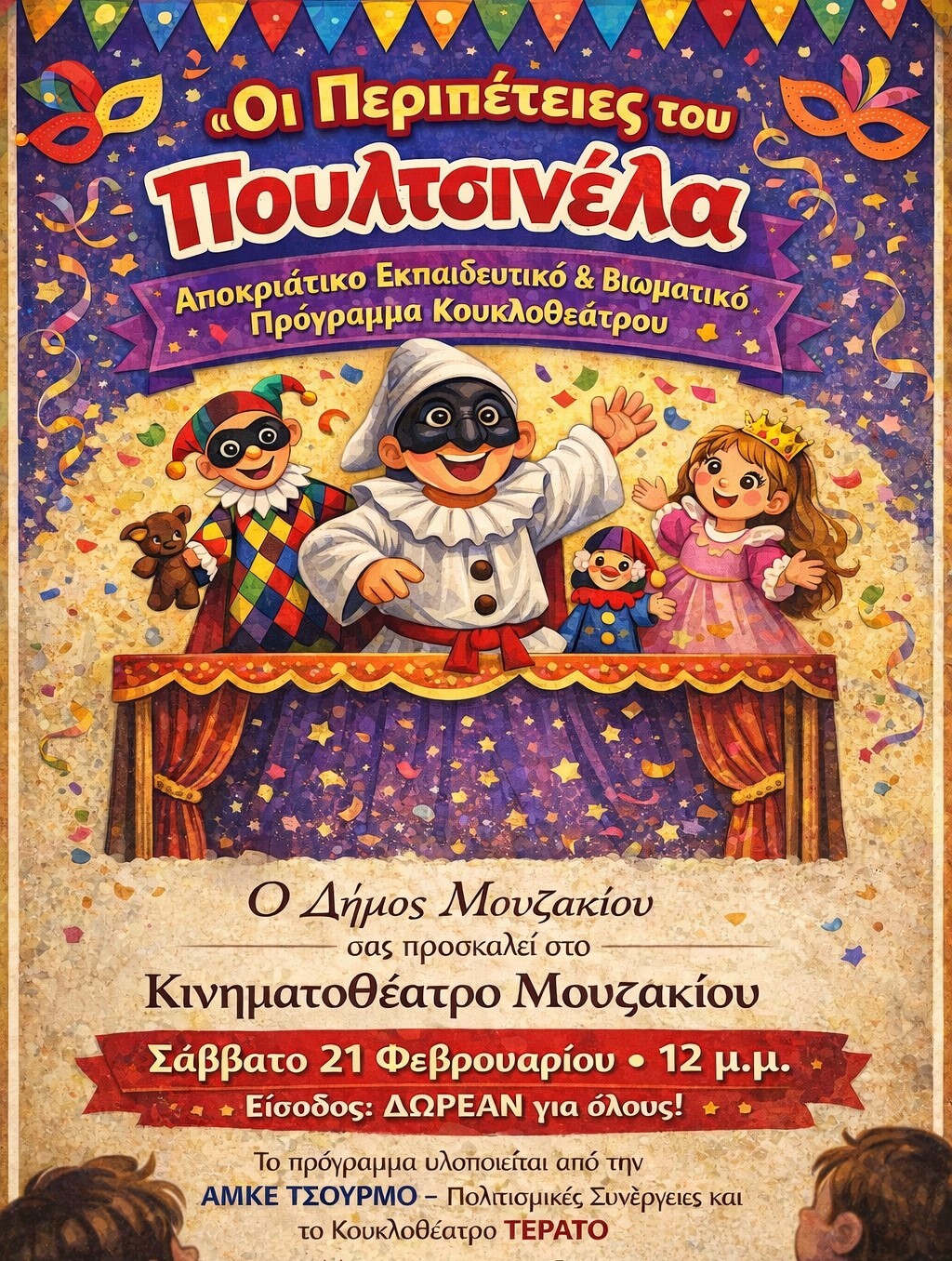 “Οι Περιπέτειες του Πουλτσινέλα” – Αποκριάτικο Εκπαιδευτικό & Βιωματικό Πρόγραμμα Κουκλοθεάτρου στο Κινηματοθέατρο Μουζακίου