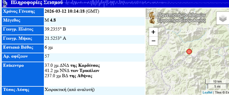 Σεισμός 4,8 ρίχτερ ταρακούνησε Αργιθέα – Ευρυτανία και όλη τη Δ. Θεσσαλία!